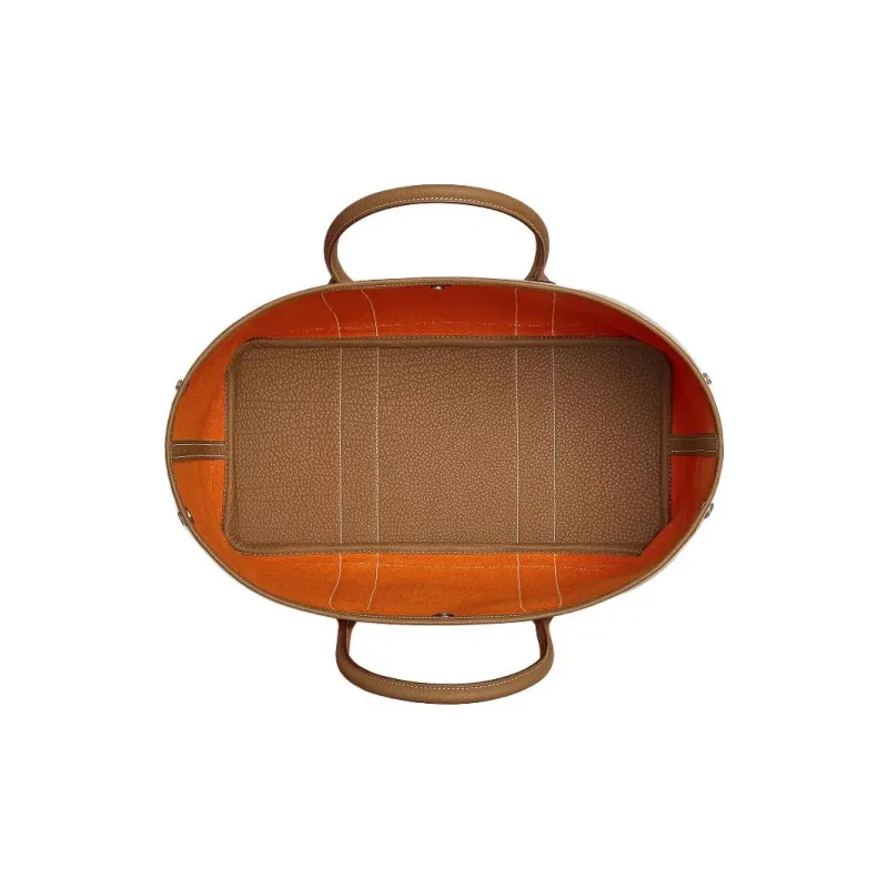HERMES Garden Party Canvas With Negonda Calfskin One Shoulder Canvas Bag Handbag Unisex Light Beige/Apricot/Gold-2