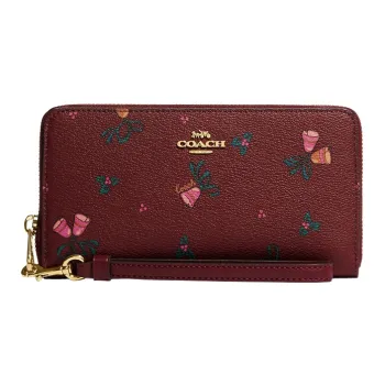 COACH Zip Around Coated Canvas With Leather Card Holder Wallet Women's Cherry Red
