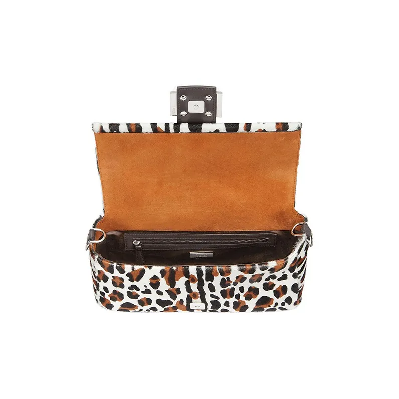 FENDI Baguette Cowhide With Sheepskin Split Leather Portable Crossbody Bag Shoulder Bag Women's Black/White With Brown-4