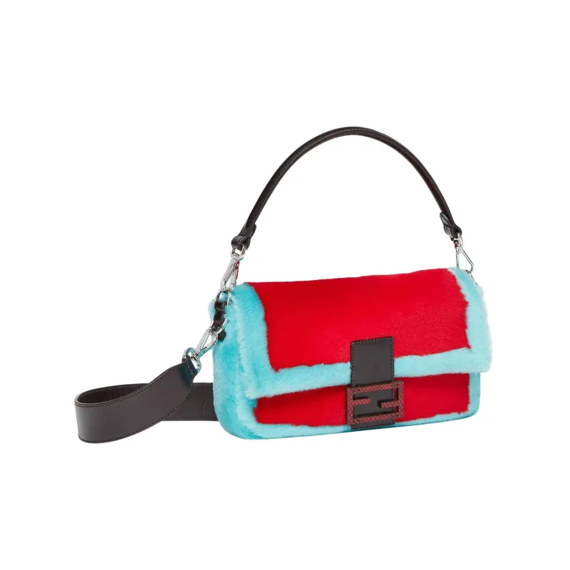FENDI Baguette Sheep Wool Cow Leather Patchwork Snake Leather Portable Crossbody Bag Shoulder Bag Women's Red/turquoise-2
