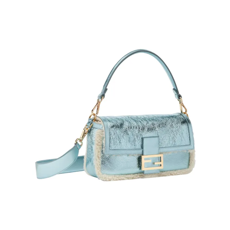 FENDI Baguette Shearling And Sheepskin Portable Crossbody Bag Shoulder Bag Women's Light Blue-2