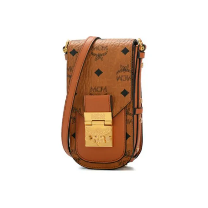 MCM Patricia Visetos Leather One Shoulder Chain Crossbody Cell Phone Pouch Mini Women's Cognac-1