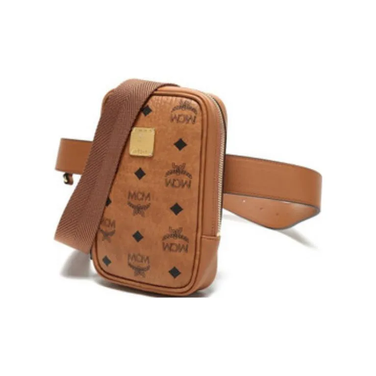 MCM Klassik Visetos Leather One Shoulder Crossbody Fanny Pack Mini Unisex Brown Cognac-1