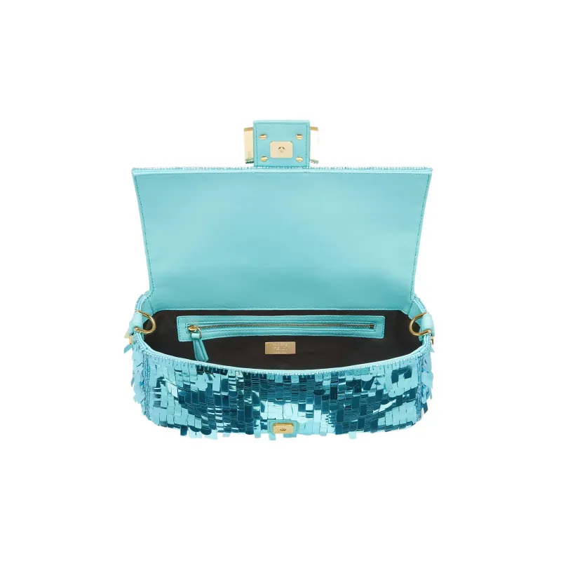FENDI Baguette Fabric With Sheepskin Patchwork Portable Crossbody Bag Shoulder Bag Medium Size Women's Turquoise-3
