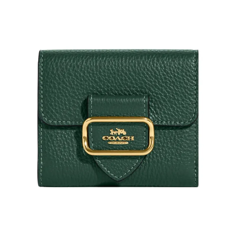 COACH Pebbled Leather Card Holder Wallet Women's Dark Green-0