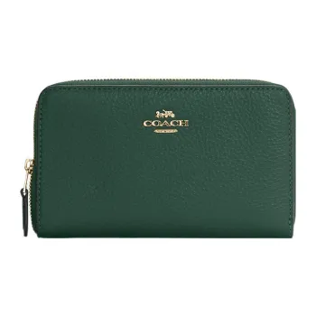 COACH Id Zip Wallet Pebbled Leather Card Holder Wallet Medium Size Women's Dark Green