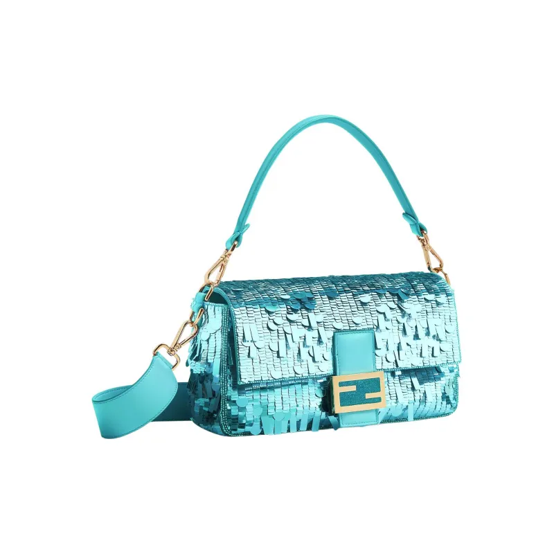 FENDI Baguette Fabric With Sheepskin Patchwork Portable Crossbody Bag Shoulder Bag Medium Size Women's Turquoise-2