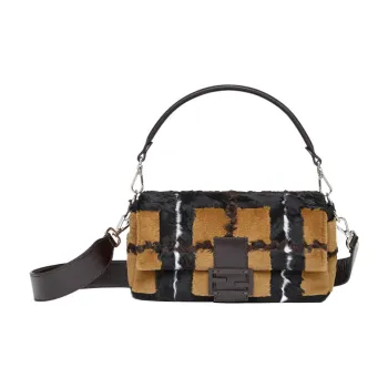 FENDI Baguette Mink Fur Cow Leather Patchwork Portable Crossbody Bag Shoulder Bag Women's Yellow/Black