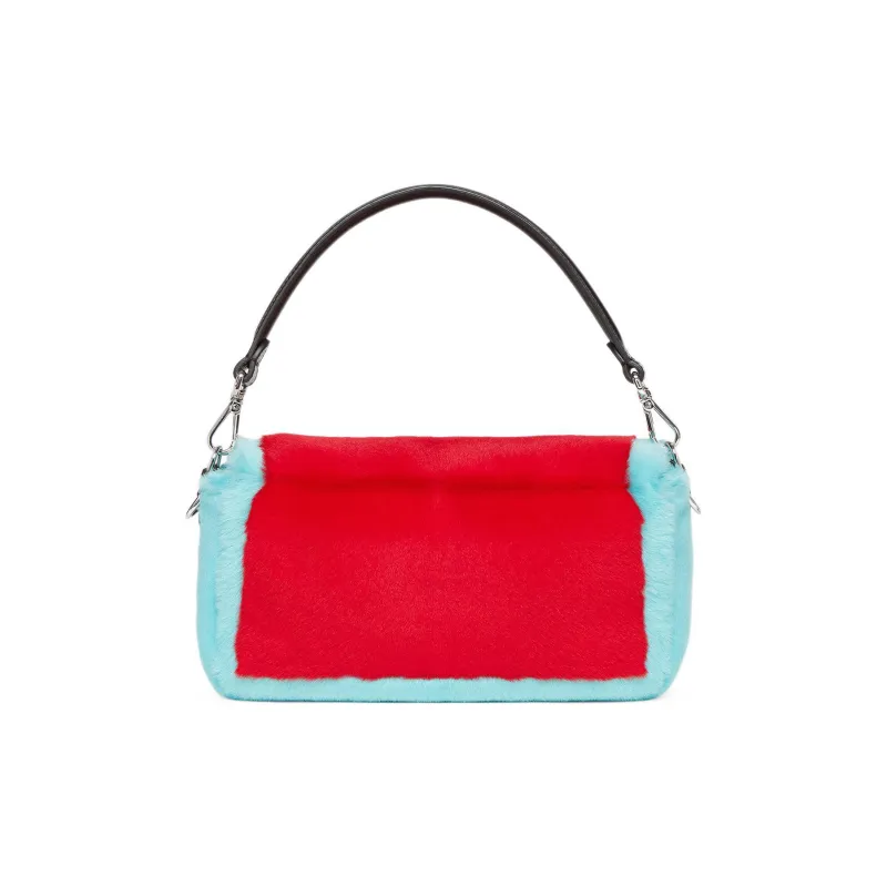 FENDI Baguette Sheep Wool Cow Leather Patchwork Snake Leather Portable Crossbody Bag Shoulder Bag Women's Red/turquoise-1