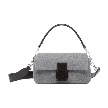 FENDI Baguette Cashmere Fabric With Cow Leather Patchwork Portable Crossbody Bag Shoulder Bag Women's Dark Gray