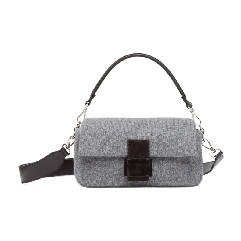 FENDI Baguette Cashmere Fabric With Cow Leather Portable Crossbody Bag, Shoulder Bag Women's Dark Gray-0