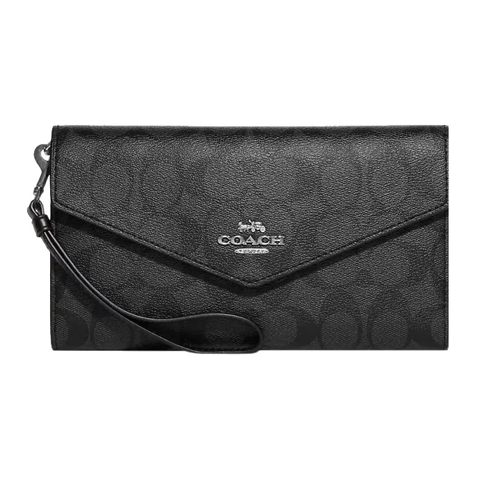 COACH Travel Wallet Coated Canvas With Leather Envelope Bag Wallets Women's Black-0