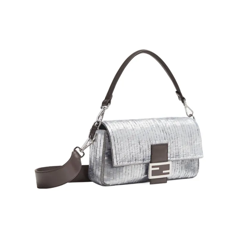 FENDI Baguette Fabric Bonded Sheepskin Split Leather Portable Crossbody Bag Shoulder Bag Women's Silver-1