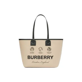 Burberry Label Print Cotton Medium London Tote Bag Beige/Black/Acrhive Beige