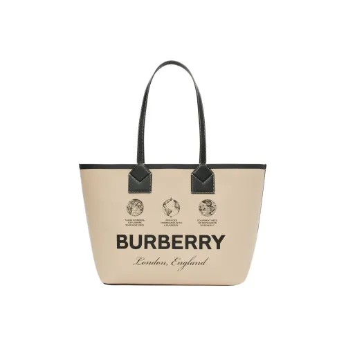 Burberry Label Print Cotton Medium London Tote Bag Beige/Black/Acrhive Beige