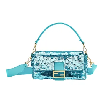 FENDI Baguette Fabric With Sheepskin Patchwork Portable Crossbody Bag Shoulder Bag Medium Size Women's Turquoise