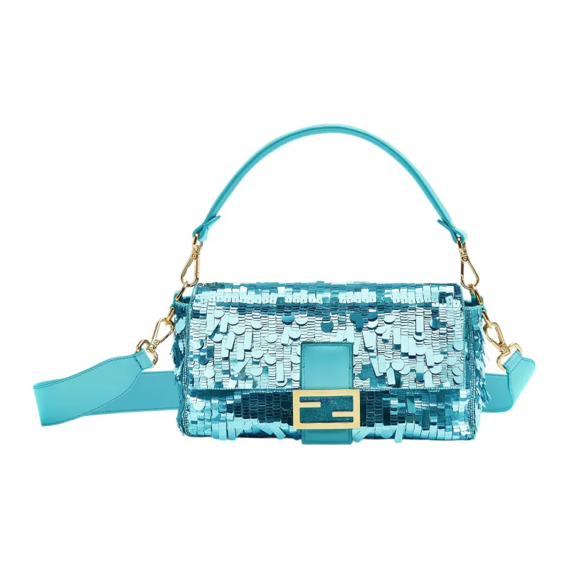 FENDI Baguette Fabric With Sheepskin Patchwork Portable Crossbody Bag Shoulder Bag Medium Size Women's Turquoise-0