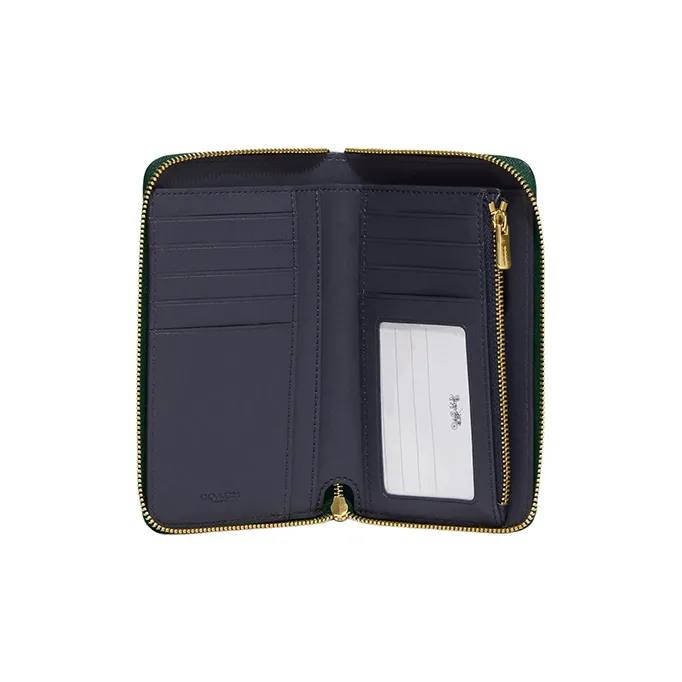 COACH Id Zip Wallet Pebbled Leather Card Holder Wallet Medium Size Women's Dark Green-1