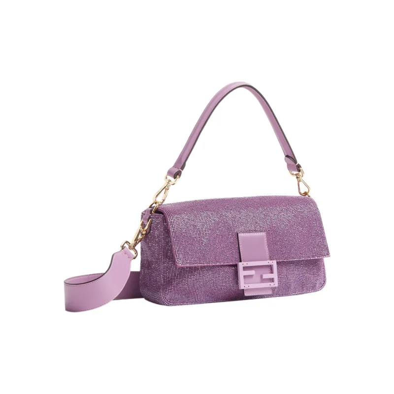 FENDI Baguette Fabric Cow Leather Patchwork Portable Crossbody Bag Shoulder Bag Regular Women's Light Purple-2