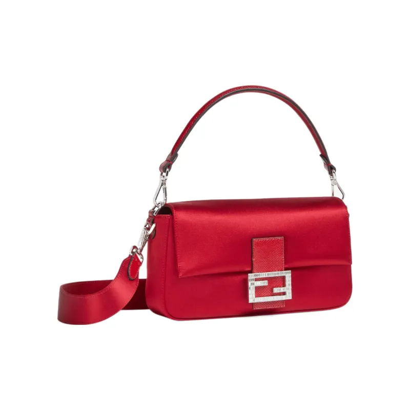 FENDI Baguette Fabric With Snake Leather And Sheepskin Portable Crossbody Bag Shoulder Bag Women's Red-2