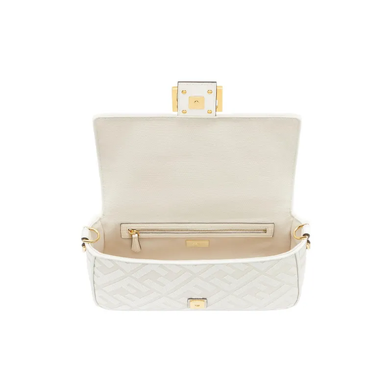 FENDI Baguette Canvas Fabric With Cow Leather Portable Crossbody Bag, Shoulder Bag Medium Size Women's White-3