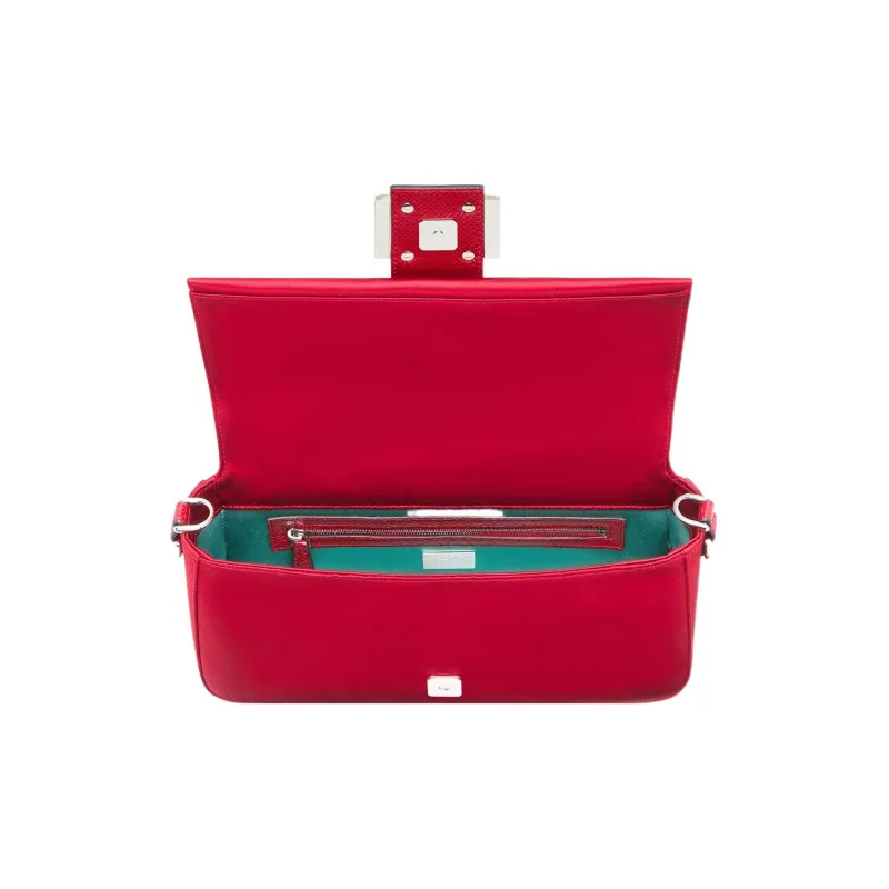 FENDI Baguette Fabric With Snake Leather And Sheepskin Portable Crossbody Bag Shoulder Bag Women's Red-3