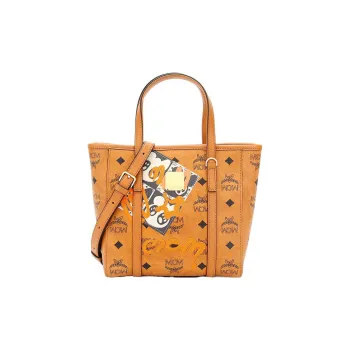 MCM Toni Visetos Cotton With Leather Tote Basket Bag Shopping Bag Handbag Mini Women's Cognac