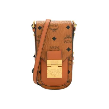 MCM Patricia Visetos Leather One Shoulder Chain Crossbody Cell Phone Pouch Mini Women's Cognac
