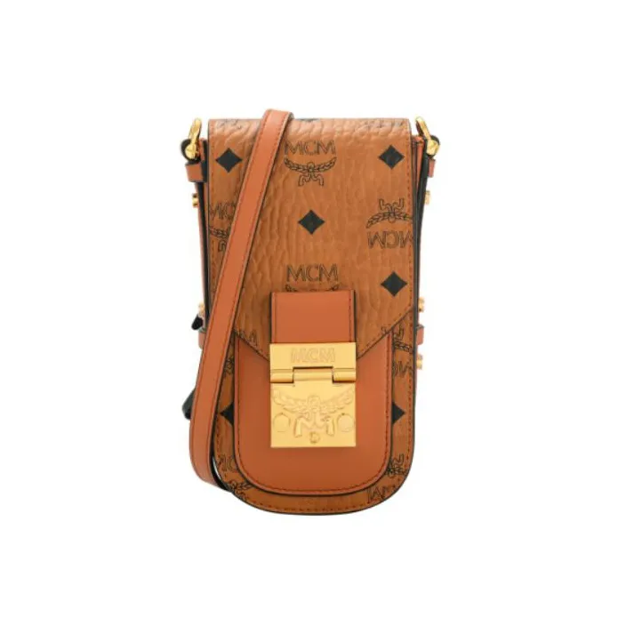 MCM Patricia Visetos Leather One Shoulder Chain Crossbody Cell Phone Pouch Mini Women's Cognac-0
