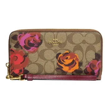 COACH Zip Around Canvas With Leather Card Holder Wallet Large Size Women's Khaki
