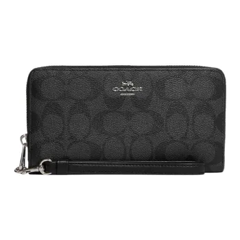 COACH Zip Around Coated Canvas With Leather Card Holder, Wallet Regular Women's Black