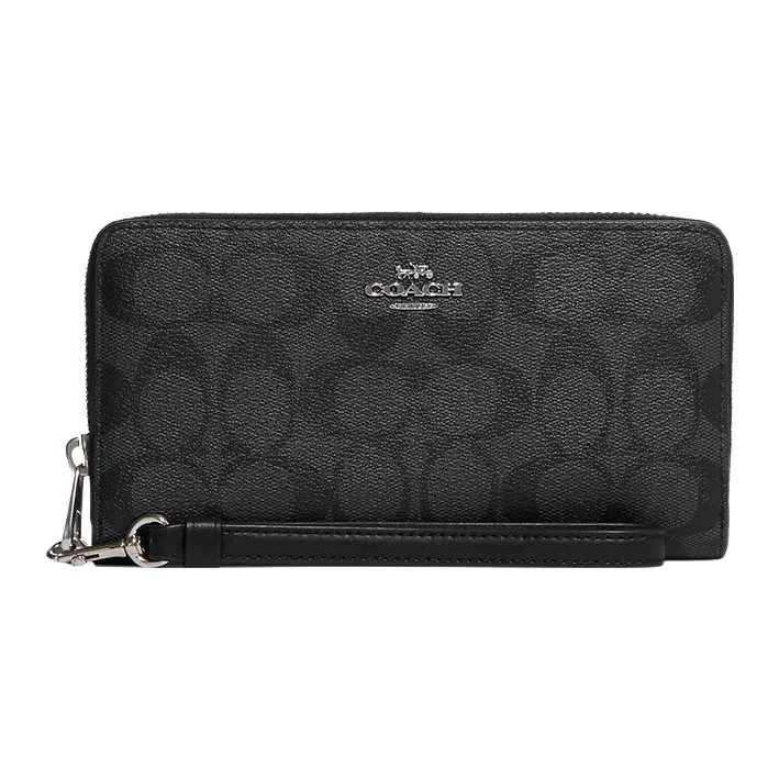 COACH Zip Around Coated Canvas With Leather Card Holder, Wallet Regular Women's Black-0