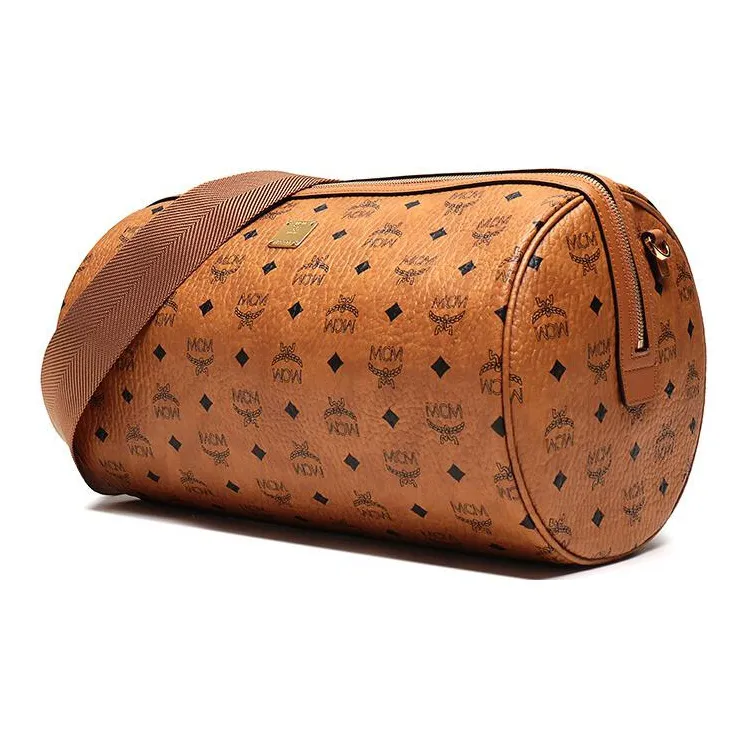 MCM Klassik Visetos Artificial Leather One Shoulder Portable Cylinder Crossbody Bag Small Size Men's Cognac-1