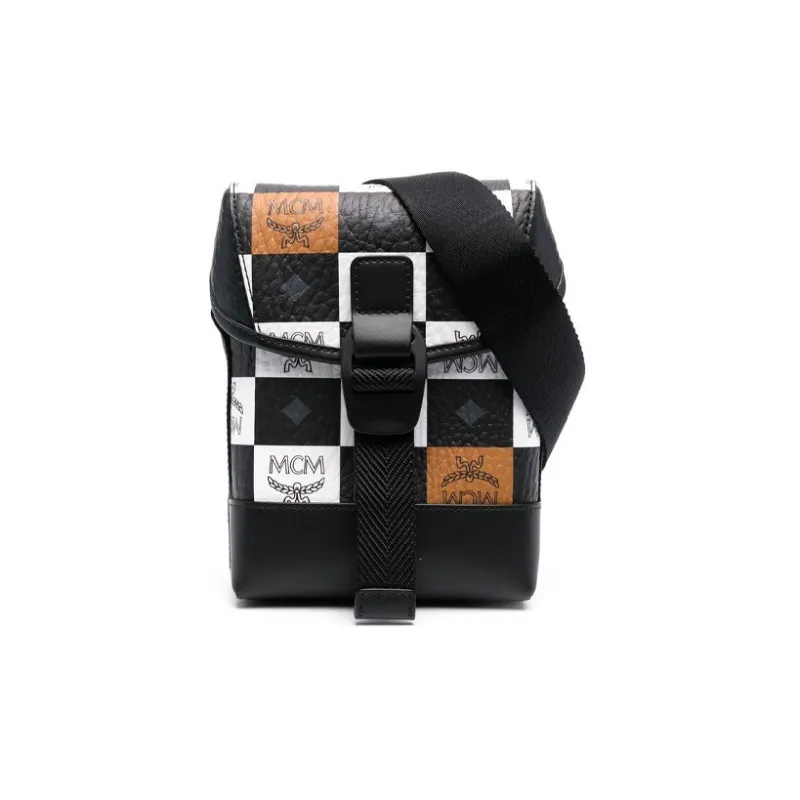 MCM Aren Cow Leather Shoulder Bag Crossbody Bag Small Size Men's Black White-0
