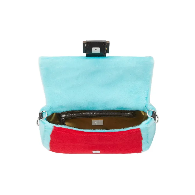 FENDI Baguette Sheep Wool Cow Leather Patchwork Snake Leather Portable Crossbody Bag Shoulder Bag Women's Red/turquoise-3