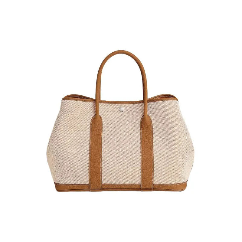 HERMES Garden Party Canvas With Negonda Calfskin One Shoulder Canvas Bag Handbag Unisex Light Beige/Apricot/Gold-0