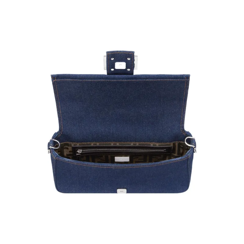 FENDI Baguette Fabric Denim Portable Crossbody Bag Shoulder Bag Women's Blue-3