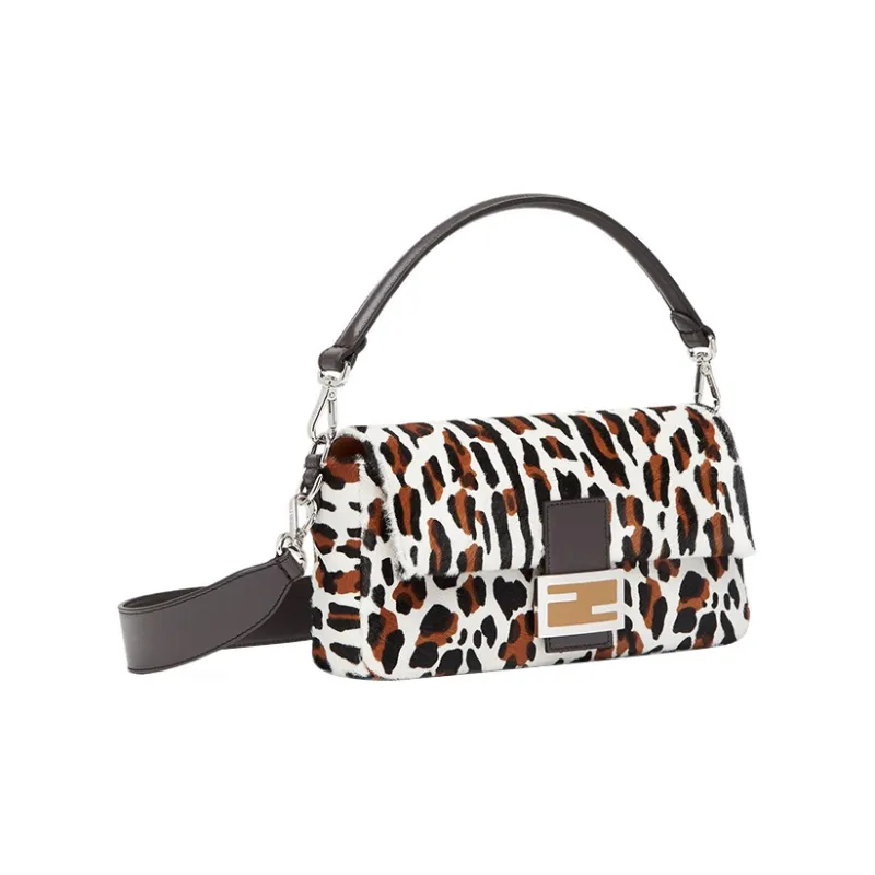 FENDI Baguette Cowhide With Sheepskin Split Leather Portable Crossbody Bag Shoulder Bag Women's Black/White With Brown-1