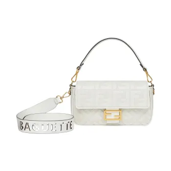 FENDI Baguette Canvas Fabric With Cow Leather Portable Crossbody Bag, Shoulder Bag Medium Size Women's White
