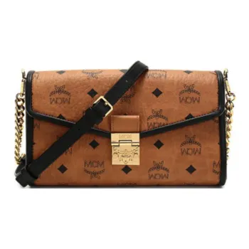 MCM Millie Visetos Leather Shoulder Bag, Crossbody Bag Medium Size Women's Brown Cognac
