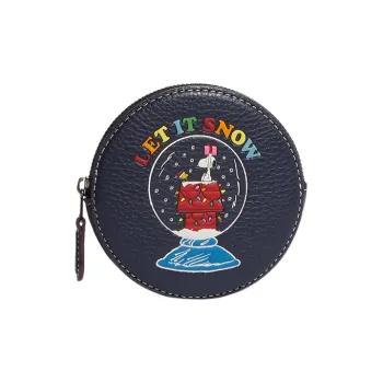 COACH Peanuts Snoopy Collaboration Coin Case Pebbled Leather Coin Purse Women's Marine Blue