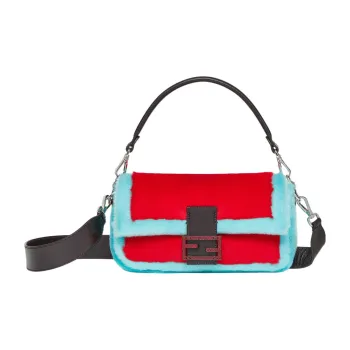 FENDI Baguette Sheep Wool Cow Leather Patchwork Snake Leather Portable Crossbody Bag Shoulder Bag Women's Red/turquoise