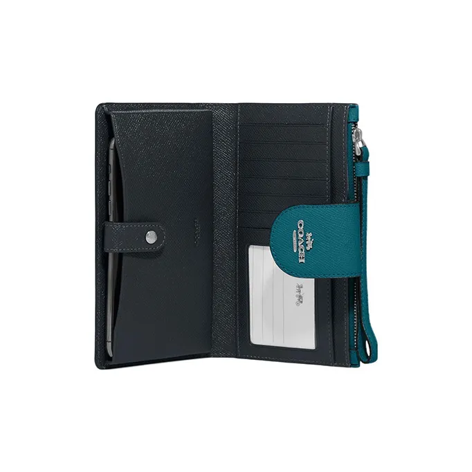 COACH Tech Wallet Cross-Stitch Leather Card Holder Wallet Women's Turquoise-1