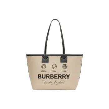 Burberry Cotton With Calfskin Tote Bag Shopping Bag Shoulder Bag Handbag Small Size Women's Khaki
