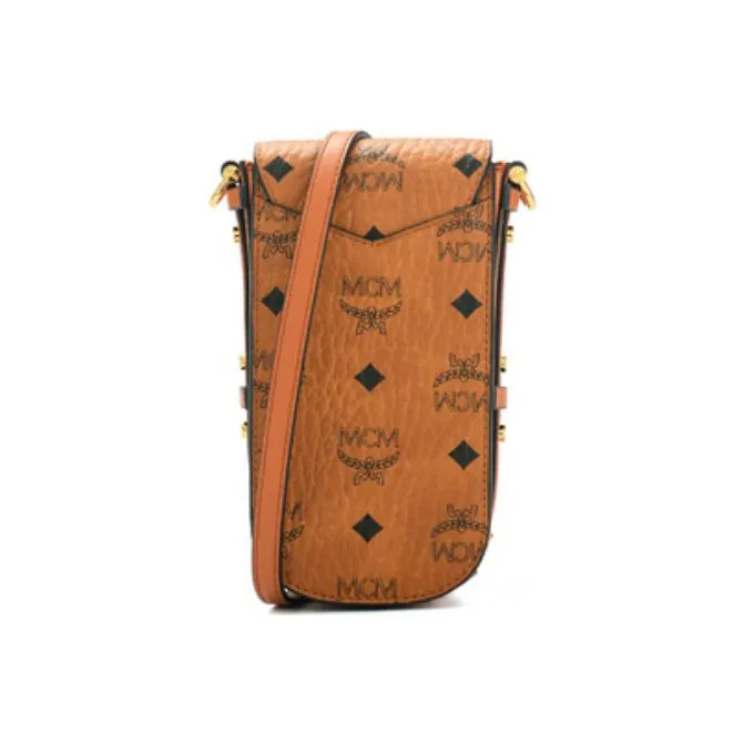 MCM Patricia Visetos Leather One Shoulder Chain Crossbody Cell Phone Pouch Mini Women's Cognac-3