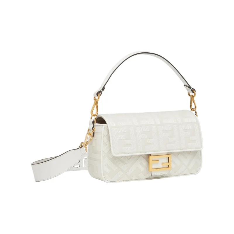 FENDI Baguette Canvas Fabric With Cow Leather Portable Crossbody Bag, Shoulder Bag Medium Size Women's White-2