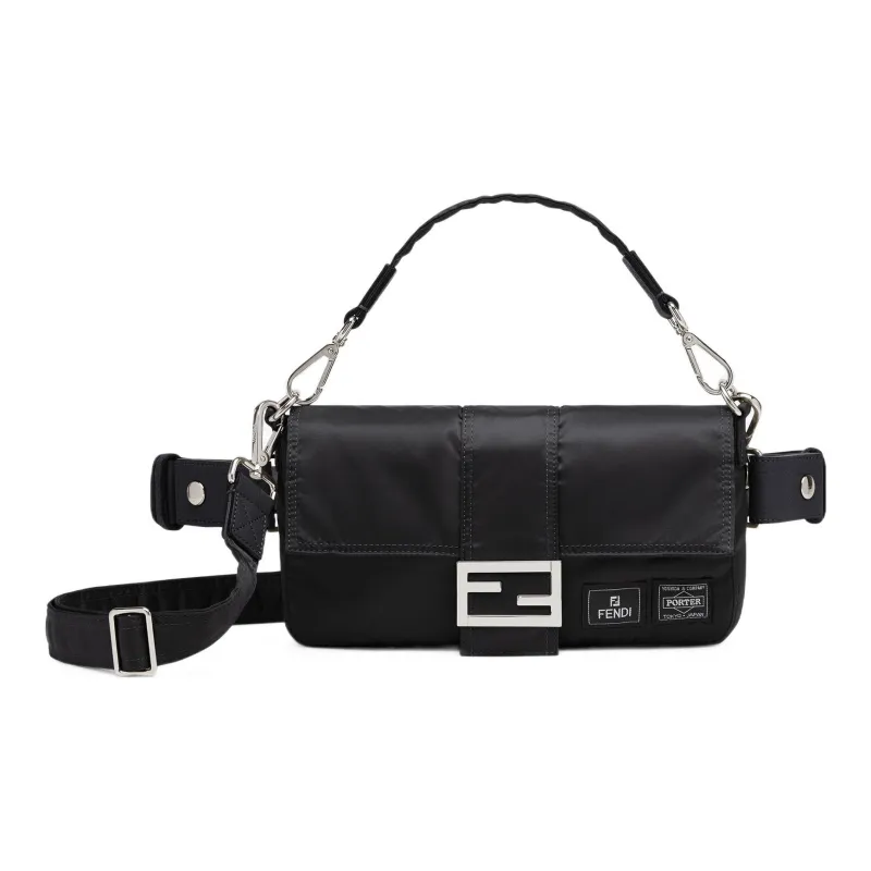FENDI PORTER Collaboration Baguette Cow Leather Handbag Fanny Pack Medium Size Men's Black-0