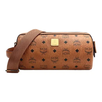 MCM Klassik Visetos Artificial Leather One Shoulder Portable Cylinder Crossbody Bag Small Size Men's Cognac