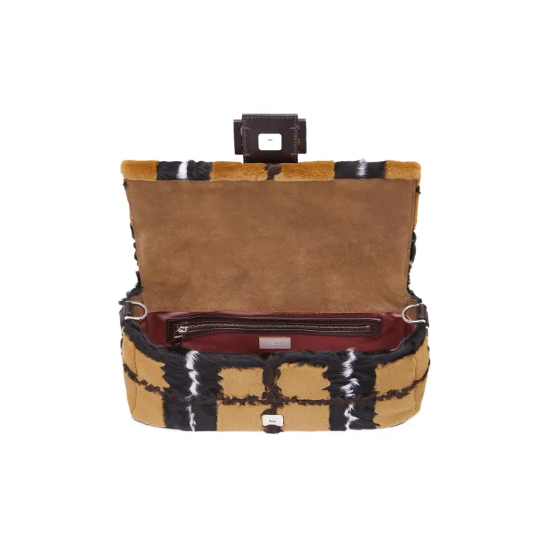 FENDI Baguette Mink Fur Cow Leather Patchwork Portable Crossbody Bag Shoulder Bag Women's Yellow/Black-3