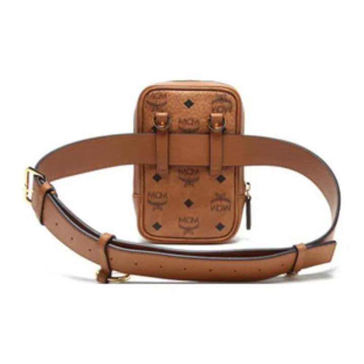 MCM Klassik Visetos Leather One Shoulder Crossbody Fanny Pack Mini Unisex Brown Cognac-3
